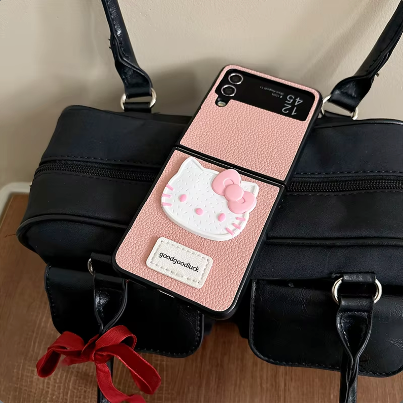 Pink Hello Kitty Samsung Z Flip 4 cover , Anti-Drop Mobile Phone Folding Case, Hard Cover, for Women, Pink Colour