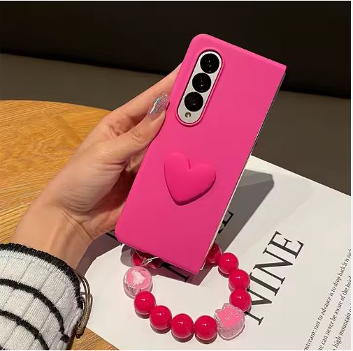 Beautiful Cute Girly Pink/Rose OR Black Heart Design Beaded Chain/String/Strap for Samsung Galaxy Z Fold 6 Case, Anti-Drop Mobile Phone Folding Case, Hard Cover, for Women, hot Pink Colour