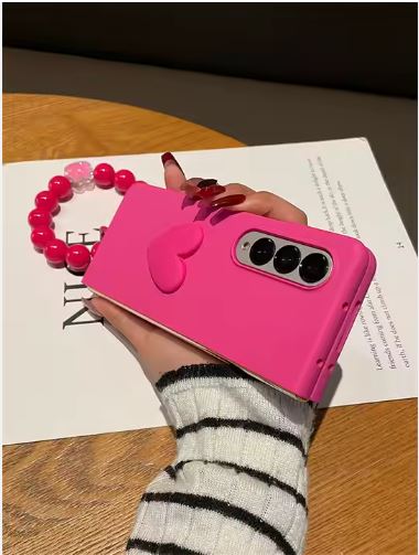 Beautiful Cute Girly Pink/Rose OR Black Heart Design Beaded Chain/String/Strap for Samsung Galaxy Z Fold 6 Case, Anti-Drop Mobile Phone Folding Case, Hard Cover, for Women, hot Pink Colour