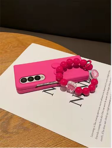 Beautiful Cute Girly Pink/Rose OR Black Heart Design Beaded Chain/String/Strap for Samsung Galaxy Z Fold 6 Case, Anti-Drop Mobile Phone Folding Case, Hard Cover, for Women, hot Pink Colour