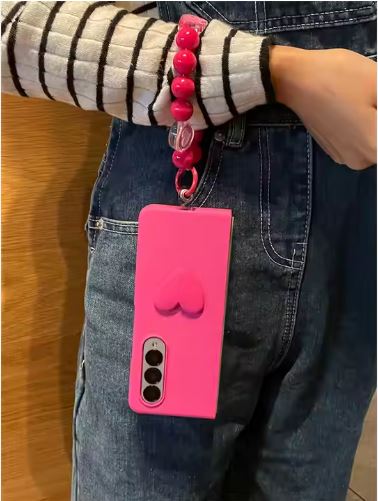 Beautiful Cute Girly Pink/Rose OR Black Heart Design Beaded Chain/String/Strap for Samsung Galaxy Z Fold 6 Case, Anti-Drop Mobile Phone Folding Case, Hard Cover, for Women, hot Pink Colour